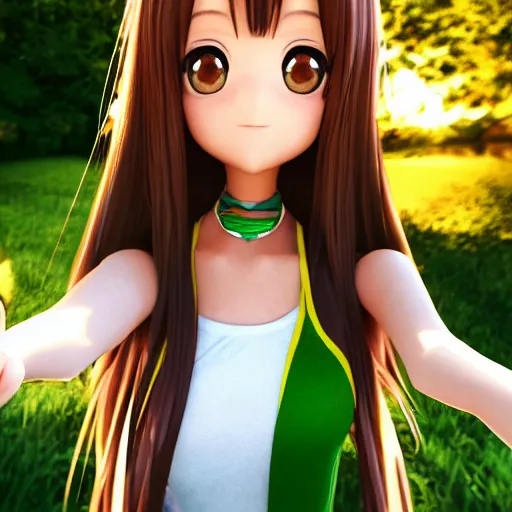 Image similar to Selfie render of a cute 3d anime girl, long shiny bronze brown hair, green eyes, cute freckles, soft smile, golden hour, beach setting, medium shot, mid-shot, trending on Artstation,