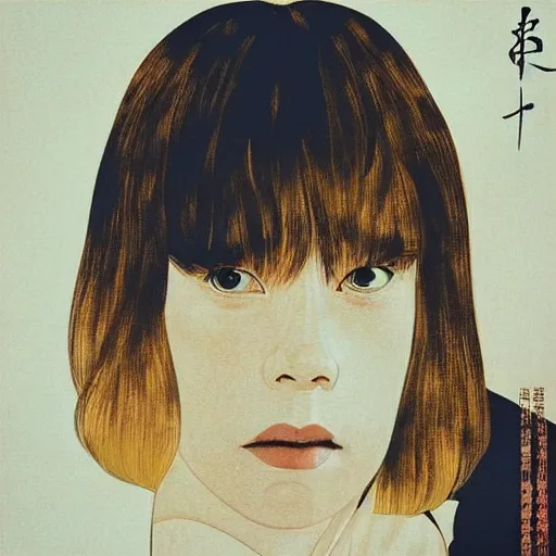 Image similar to “ lea seydoux portrait by ikenaga yasunari and ayana otake and ko rakusui, 6 0 s poster, drawing, realistic, sharp focus, japanese, dreamy, nostalgia, faded, golden hues, floral clothes ”