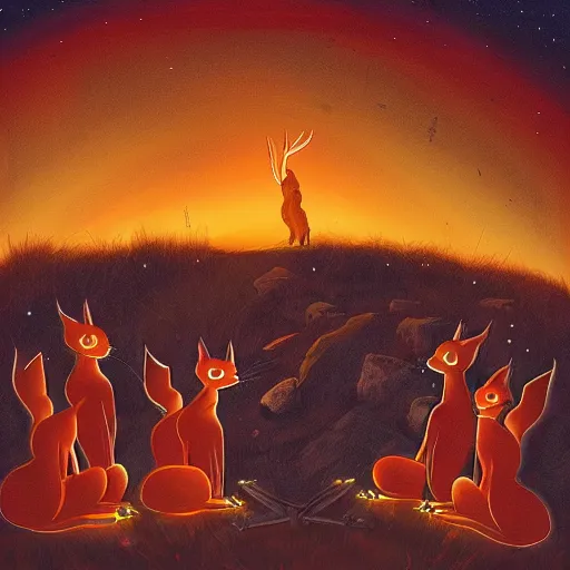 Prompt: group of cute caracals wearing red ties near campfire, one caracal playing a guitar, night, atmospheric lighting, painted, intricate, volumetric lighting, beautiful, rich deep colours masterpiece, golden hour, digital art