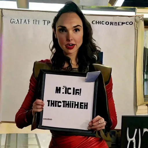 Image similar to Gal Gadot holding a sign that says M I T C H I E P O O !!!! as painted by Ralph Horsley