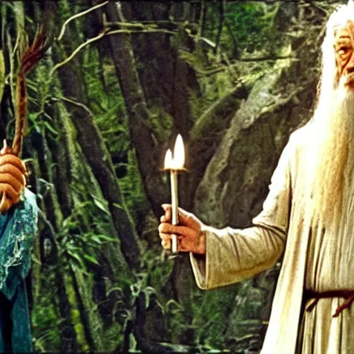 Image similar to gandalf doing a shamanic ritual with frodo in the movie lord of the rings, ayahuasca, dmt, magic mushroom