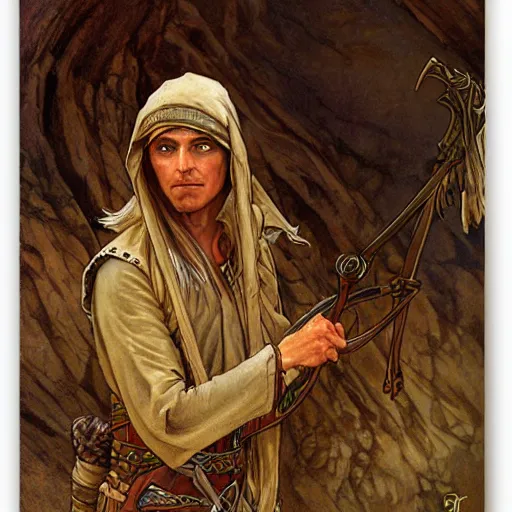 Image similar to Kethlan the elven desert bandit. Epic portrait by james gurney and Alfonso mucha.