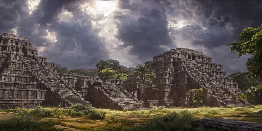 Prompt: beautiful aztec temple overrun by nature, gorgeous clouds, god rays, digital art, landscape, fantasy art, octane render, ureal engine, high detail, very realistic, by greg rutkowski. by james gurney