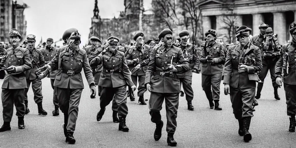 Prompt: german forces as minions from despicable me winning world war 2 and parading through berlin, hyper realistic, award winning photo, award winning, sharp focus, black and white