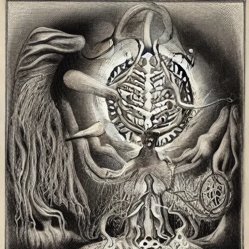 Image similar to whimsical freaky creature sings a unique canto about \'as above so below\' being ignited by the spirit of Haeckel and Robert Fludd, breakthrough is iminent, glory be to the magic within