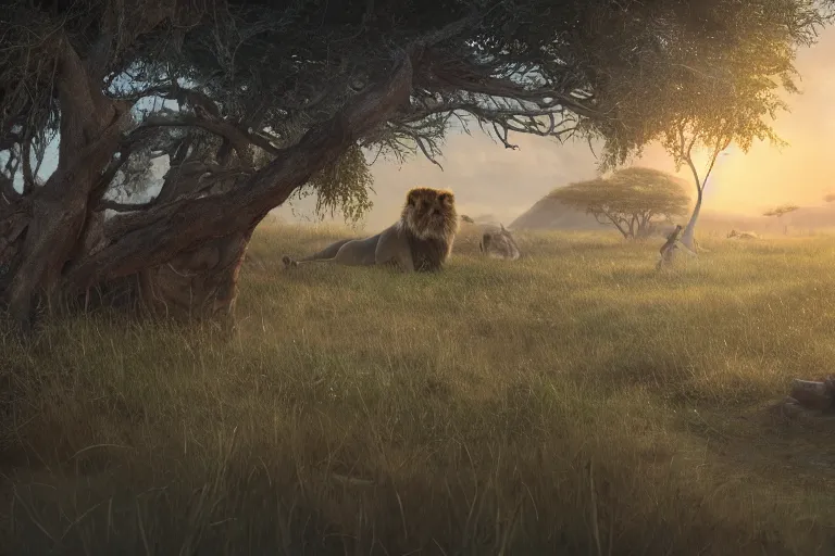 Image similar to tarkovsky scene in the style of the lion king, hyper realistic, ambient lighting, concept art, intricate, hyper detailed, smooth, dynamic volumetric lighting, octane, raytrace, cinematic, high quality, high resolution, 4 k