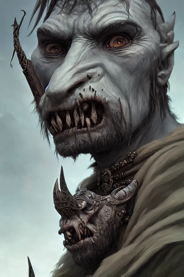 Prompt: portrait of an undead gray nomadic orc, looking at camera, d & d, savage warrior, fur attire, aztec hair, large noses, intricate, fantasy, extremely detailed, digital painting, artstation, concept art, smooth, sharp focus, illustration, ambient lighting, art by artgerm and greg rutkowski and alphonse mucha and simon stalenhag