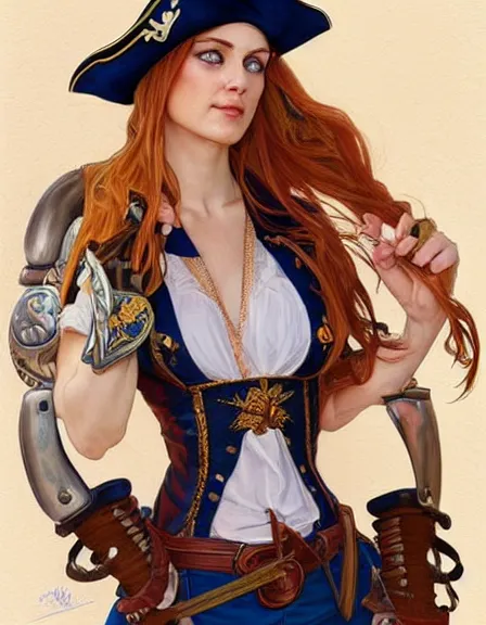 Prompt: fully clothed armed female pirate captain. sun, summer, blue eyes, beauty, wisdom, love, strength, knowledge, smart, portrait, symmetrical, highly detailed, digital painting, artstation, smooth, sharp focus, illustration, strength, art by artgerm and alphonse mucha and louis theophile hingre. 8 k