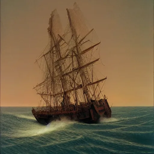 Image similar to a gunboat by Zdzisław Beksiński, oil on canvas