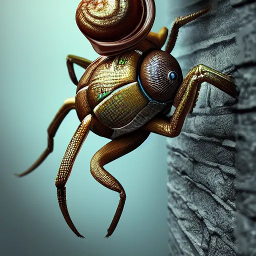 Image similar to a hybrid creature, half snail half spider, climbing a wall, trending in artstation, octane Render