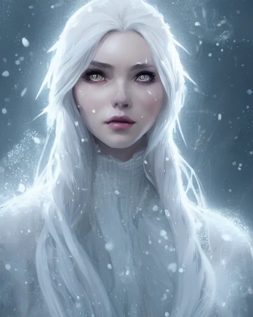 Image similar to a beautiful snow sorceress, flowy white grey hair, grey eyes, winter, frozen, snow, cinematic lighting, highly detailed, digital painting, trending on artstation, pixiv, concept art, sharp focus, illustration, art by ross tran and wlop, dark art