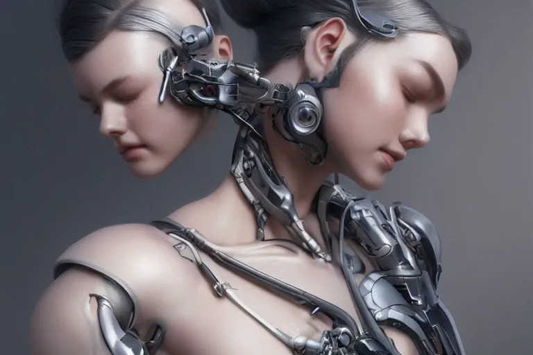 Image similar to ultra realistic, beautiful cyborg woman, eyes closed, sci-fi, fantasy, mythical, intricate, elegant, highly detailed, digital painting, octane render, substance painter, zbrush, artstation, concept art, smooth, sharp focus, eerie, illustration, 8k, HD, art by artgerm and greg rutkowski and raphael