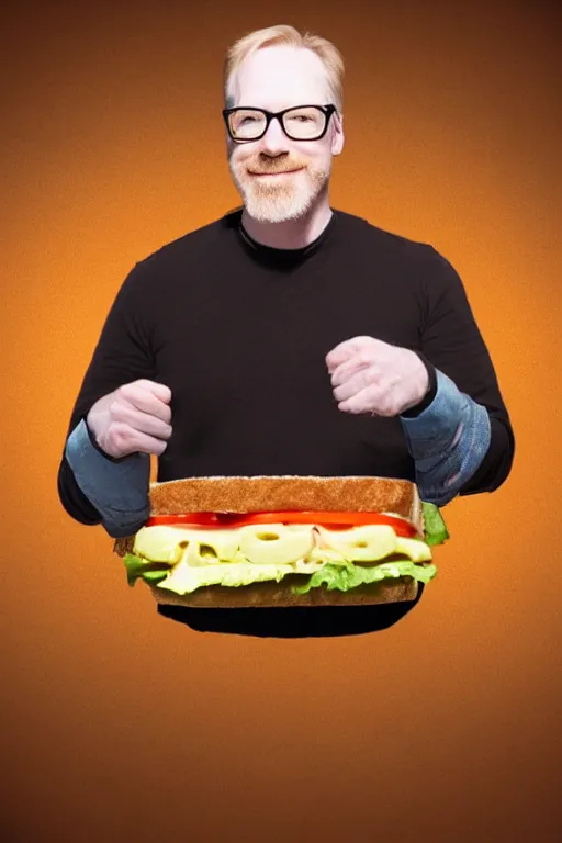 Image similar to 📷 portrait of adam savage is a sandwich, food head, still image, dynamic lighting, 4 k