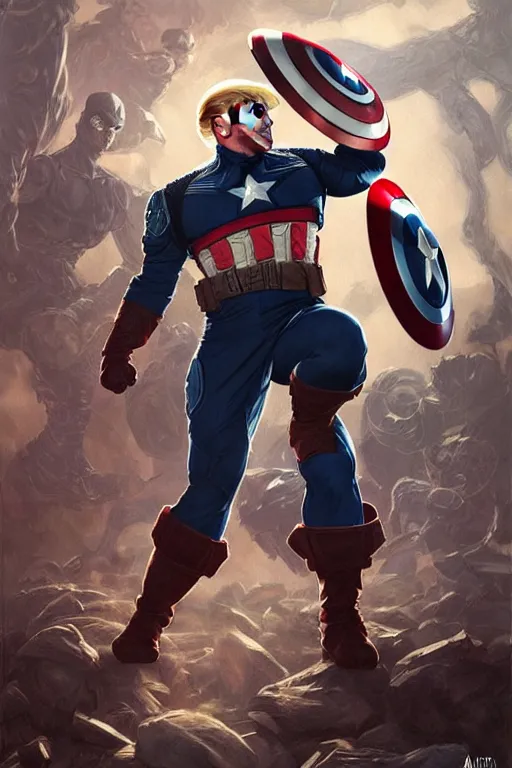 Image similar to Donald Trump as Captain America full body portrait, D&D, fantasy, intricate, elegant, highly detailed, digital painting, artstation, concept art, matte, sharp focus, illustration, art by Artgerm and Greg Rutkowski and Alphonse Mucha