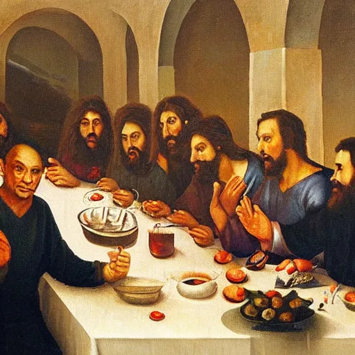 Image similar to viktor orban at the last supper, oil painting