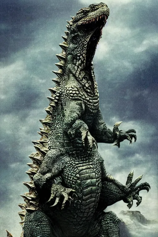 Image similar to Godzilla, kaiju, sea creature, crocodile, iguana, sharp teeth, scary look, angry