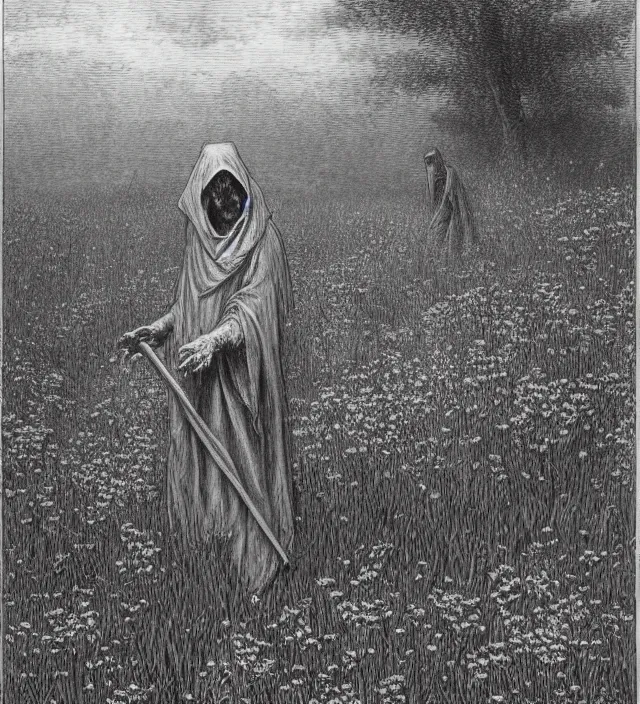 Image similar to grim reaper with no face at distance in beautiful meadow of flowers, detailed pencil illustration by gustave dore, highly detailed, centered, high resolution, smooth, sharp focus, illustration