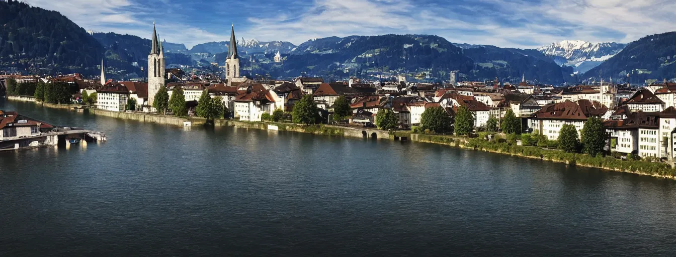 Prompt: Photo of Zurich, looking down the Limmat at the lake and the alps, Hardturm, Grossmünster, wide angle, volumetric light, hyperdetailed, light water, artstation, cgsociety, 8k