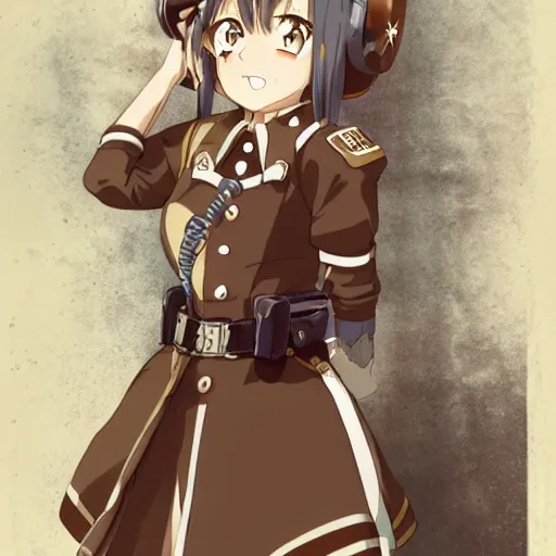 Image similar to anime girl steampunk officer, full body portrait, polaroid photograph, cinematic lighting, brown uniform, anime, studio ghibli, finely detailed,