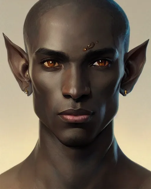 Image similar to portrait of a handsome male dark elf, dark skin, fantasy, intricate, elegant, highly detailed, digital painting, artstation, concept art, sharp focus, illustration, art by artgerm and greg rutkowski and alphonse mucha