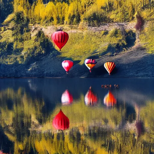 Image similar to photo of two black swans touching heads in a beautiful reflective mountain lake, a colorful hot air balloon is flying above the swans, hot air balloon, intricate, 8k highly professionally detailed, HDR, CGsociety