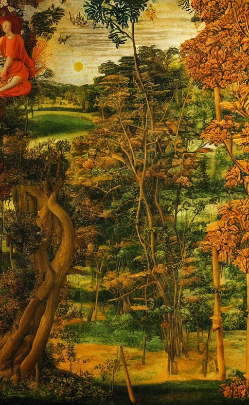 Image similar to mural depicting a beautiful sunrise over a lush forest during fall, in the style of sandro botticelli, caravaggio, albrecth durer