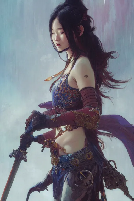 Image similar to asian girl with very big sword, d & d, fantasy, portrait, highly detailed, digital painting, artstation, concept art, sharp focus, illustration, art by greg rutkowski and alphonse mucha