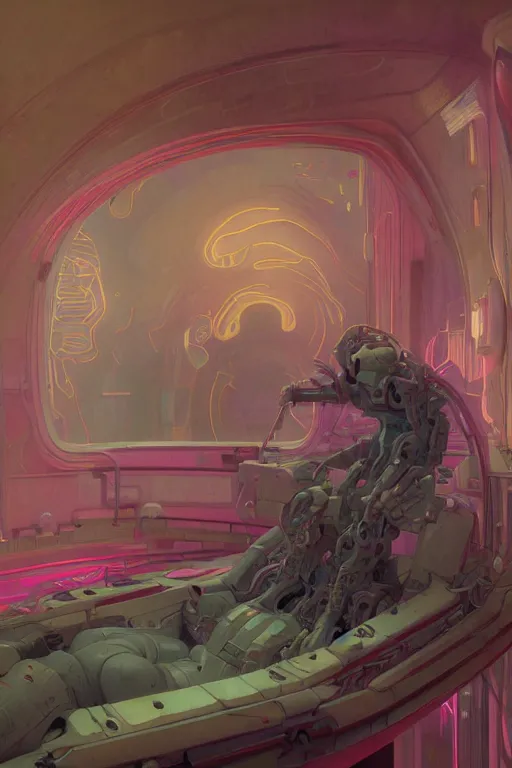 Image similar to interior of a digesting Stomach filled with glowing pink water, Cross section, Claustrophobic, seapunk Mecha , vaporwave , digital art, artstation, by WLOP, Ilya repin, alphonse mucha., Very highly detailed 8K, octane, Digital painting, the golden ratio,