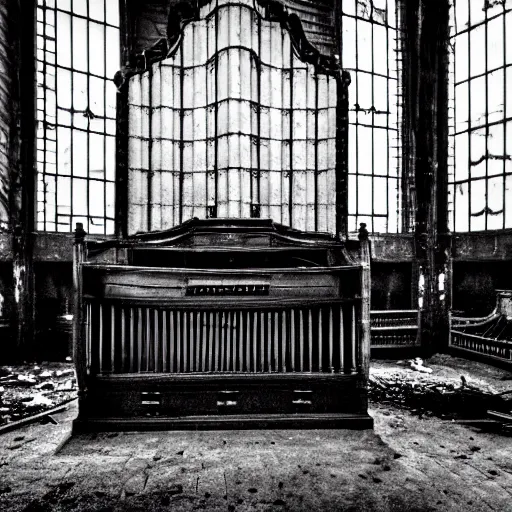 Image similar to black and white photo of a haunted pipe organ in an abandoned warehouse, dirty, hazy, depressing, haunted