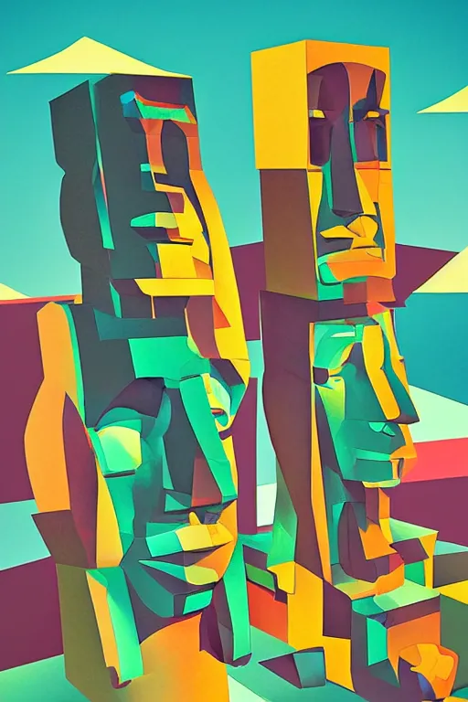 Image similar to cubist moai statue cutout digital illustration cartoon colorful beeple