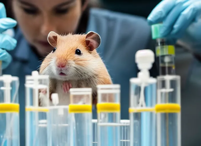 Image similar to film still of a hamster working in a research lab filling test tubes, 8 k