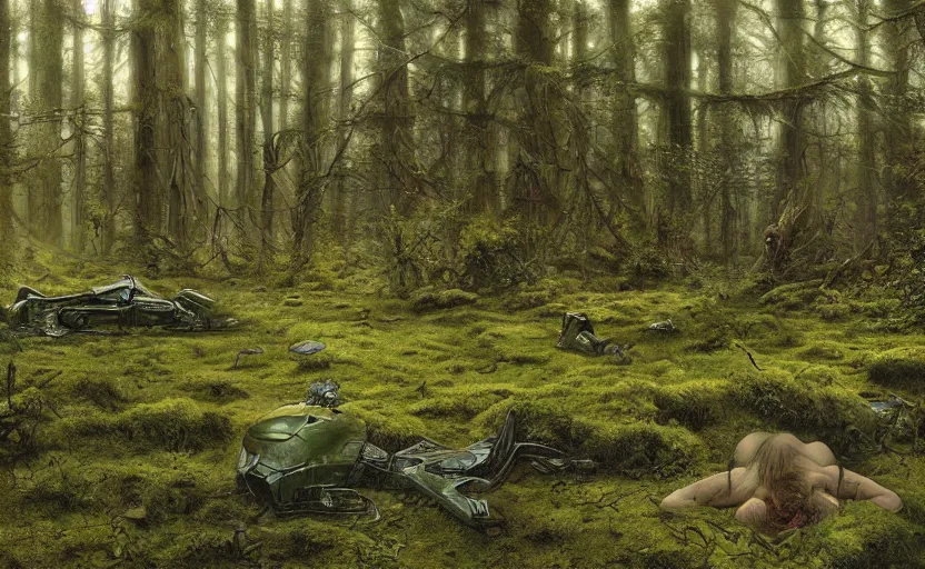 Image similar to digital painting of ovni crash site on swamp wasteland, extraterrestrial body parts on the floor, forest, moss, elegant artwork by lee bermejo and greg rutkowski and alphonse mucha