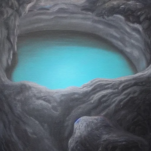 Image similar to highly detailed oil painting of a rainbow hotspring within dark grey cavern, black dragon sitting in the middle