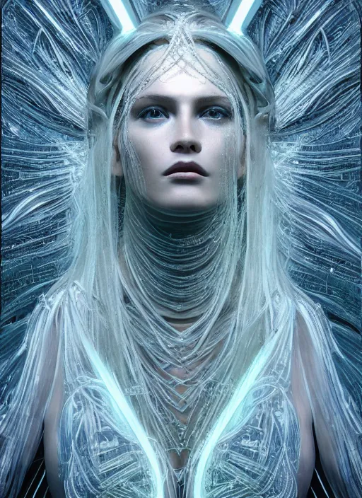 Image similar to beauteous goddess sumptuous face, with incredible iridescent pearlescent voluminous fluorescent neon laser beam hair, delicate crystalline masterpiece incrustations, by h. r. giger, hyperdetailed face, elegant pose, movie still, intricate, octane render, cinematic forest lighting, unreal engine, crepuscular rays, god rays