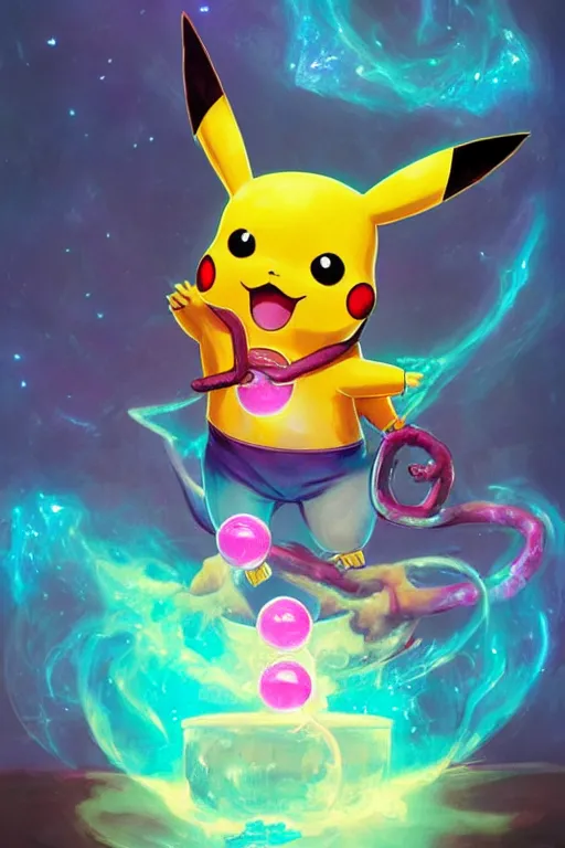 Image similar to pikachu necromancer, holding bubble gums, electricity highly detailed, high contrast, light reflection, trippy, nebula, trending on artstation by artgem, by peter mohrbacher, by wlop, by ruan jia