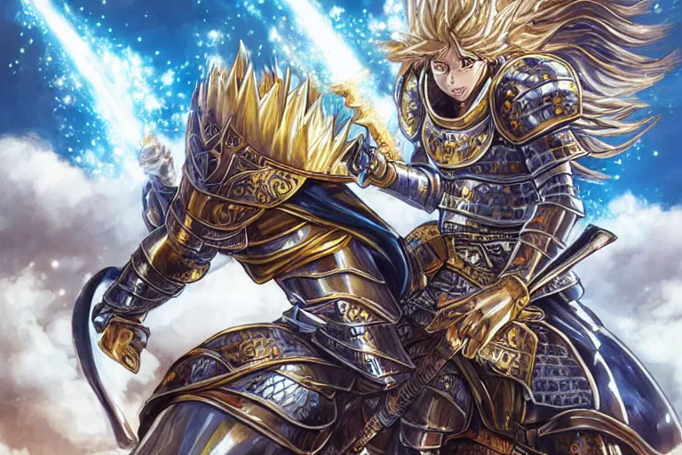 Image similar to an ultra detailed portrait of king richard the lionhearted as a paladin shonen anime protagonist charging into battle wearing bright gold armor and huge flaming longsword blessed by god, epic anime fantasy, 8 k, volumetric lighting, smooth, highly detailed, digital illustration, art by kentaro miura and akira toriyama and artgerm