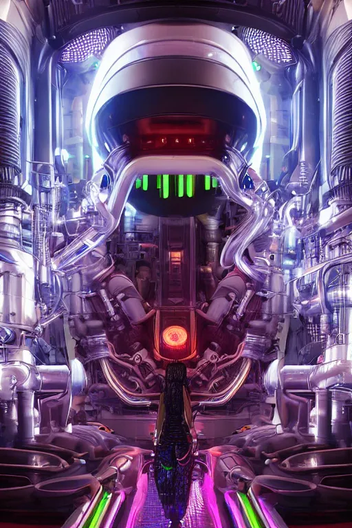 Image similar to portrait of humongous cyberpunk female android, symmetric, body full glowing vacuum tubes, realistic digital art, 3 d render of futuristic steampunk generators inside a huge steampunk engine, 8 k, fluorescent colors, halluzinogenic, multicolored, exaggerated detailed, unreal engine, by moebius