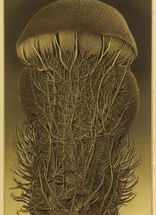 Prompt: mycelium growing into a mushroom, ernst haeckel