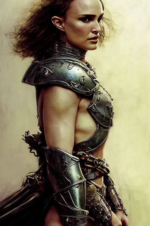 Prompt: natalie portman, warrior, partially clothed in metal battle armor, lord of the rings, tattoos, decorative ornaments, by carl spitzweg, ismail inceoglu, vdragan bibin, hans thoma, greg rutkowski, alexandros pyromallis, perfect face, fine details, realistic shading, photorealism