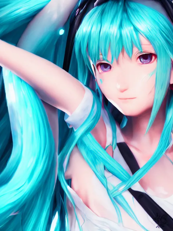 Image similar to portrait art of hatsune miku 8 k ultra realistic, lens flare, atmosphere, glow, detailed, intricate, full of colour, cinematic lighting, trending on artstation, 4 k, hyperrealistic, focused, extreme details, unreal engine 5, cinematic, masterpiece