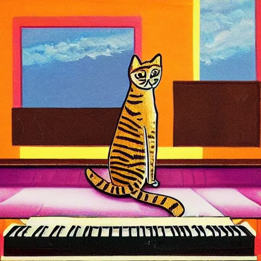 Prompt: colorful album cover art photo of a cat, sitting on top of a grand piano, drinking a cup of coffee