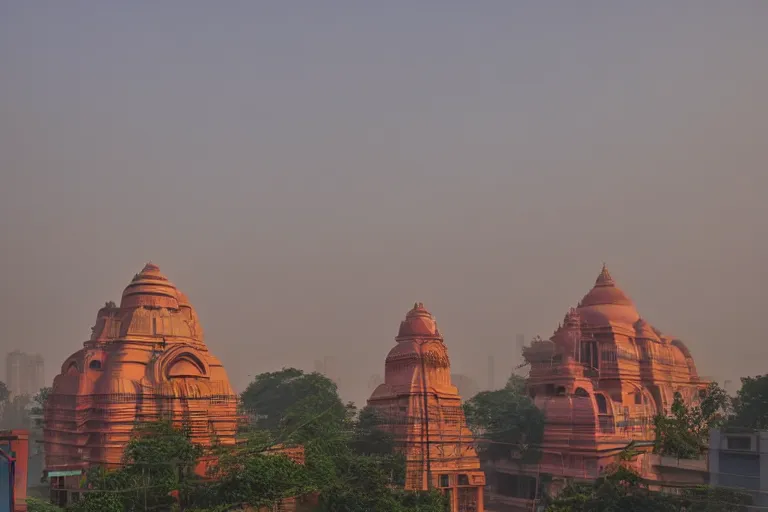 Image similar to beautiful dreamscape! biomorphic new delhi, hanuman!! head building, kalighat, octane sharp cinematic, stephen shore & john j. park, soft morning light, wide shot, high angle, uhd 8 k, shallow depth of field