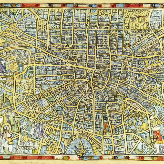 Prompt: medieval manuscript isometric map of london, detailed, illuminated illustration woodcut