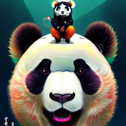 Image similar to a beautiful hyperdetailed character design 4 k wallpaper illustration of a cute panda with a chinese lion dance head victo ngai cyberpunk style, from china, style of studio ghibli, makoto shinkai, raphael lacoste, louis comfort tiffany, artgerm, james jean, ross tran, chinese style