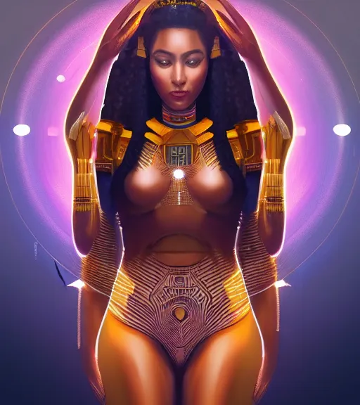 Image similar to symmetry!! egyptian princess of technology, solid cube of light, hard edges, product render retro - futuristic poster scifi, lasers and neon circuits, beautiful brown skin woman egyptian princess, intricate, elegant, highly detailed, digital painting, artstation, concept art, smooth, sharp focus, illustration, dreamlike, art by artgerm