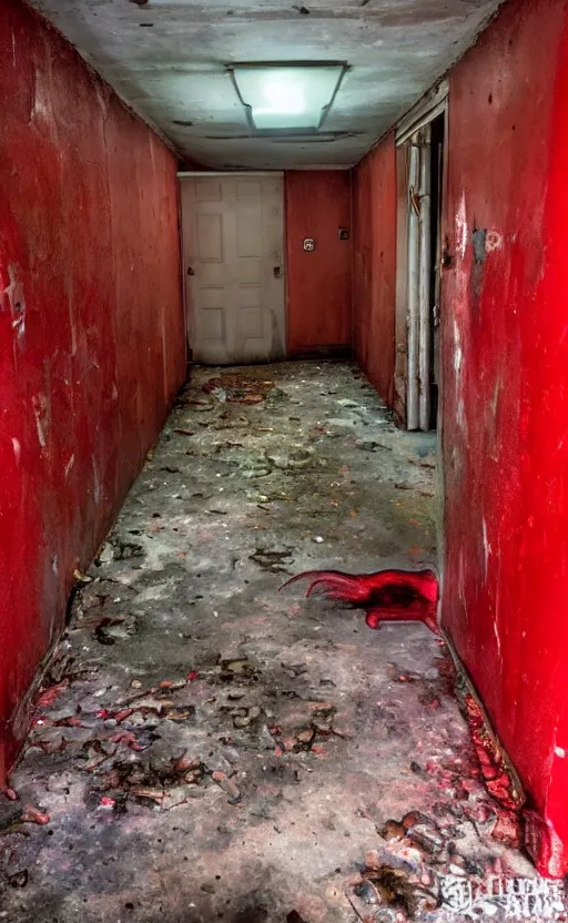 Image similar to high quality photo of a slimy red monster in the hallway of an old abandoned victorion house