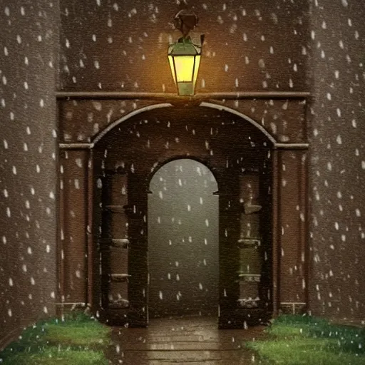 Image similar to a secret entrance amidst a gloomy town,rainy