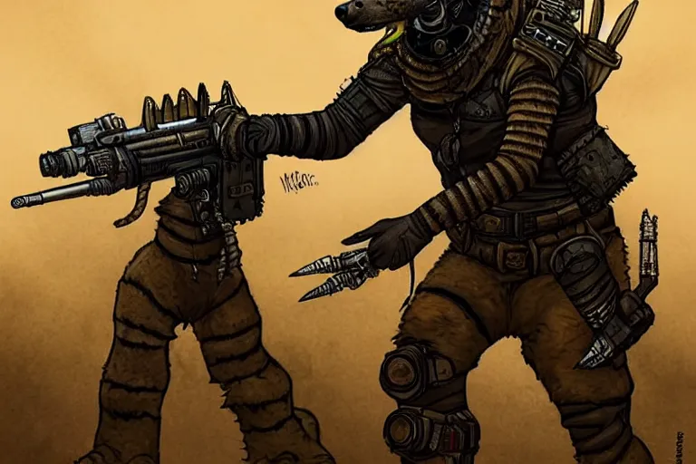 Image similar to a good ol'hyena fursona ( from the furry fandom ), heavily armed and armored facing down armageddon in a dark and gritty version from the makers of mad max : fury road. witness me.