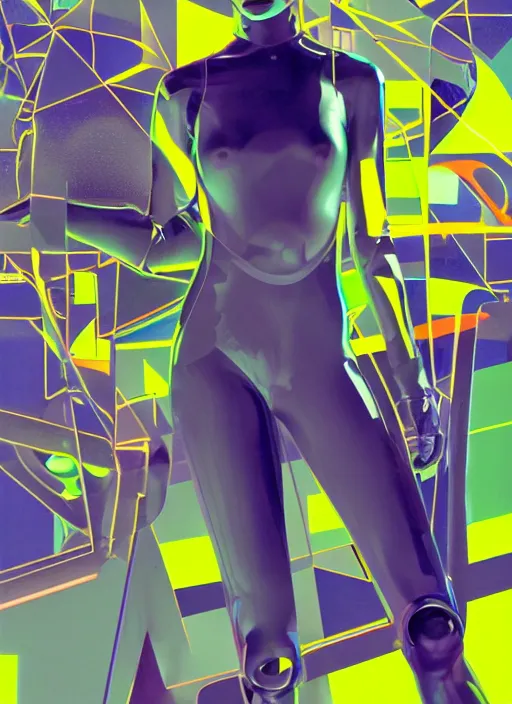 Image similar to futuristic lasers tracing, data visualization, laserpunk fullbodysuit,, pyramid visor, raindrops, wet, oiled, beautiful cyborg girl pinup, by steven meisel, kaws, rolf armstrong, cubist perfect geometry abstract acrylic, hyperrealism photorealistic airbrush collage painting, monochrome, neon fluorescent colors, minimalist rule of thirds, eighties eros