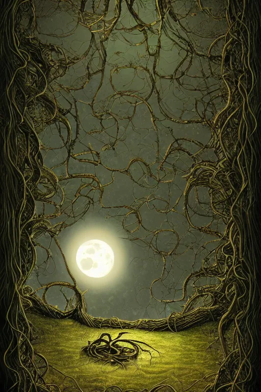 Image similar to a beautiful digital illustration painting of a detailed gothic fantasy full moon and roots, throne chair and vines by by benoit b. mandelbrot, howard arkley. 8 k resolution trending on artstation concept art digital illustration